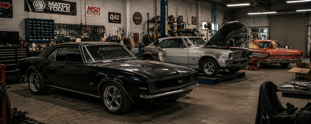 Classic Porsche and vintage performance car being restored inside a Phoenix auto repair and performance shop