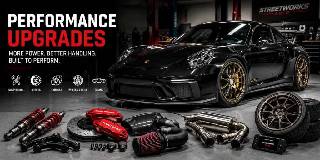 Porsche sports car in a Phoenix performance shop with engine and suspension work in progress